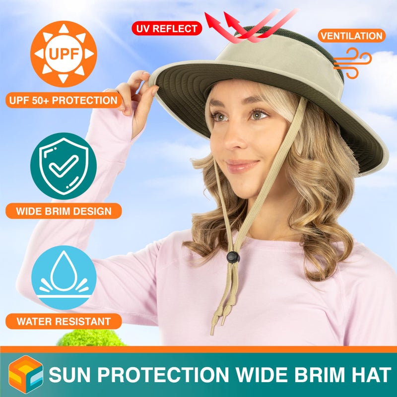 Suncube SUN CUBE Wide Brim Sun Hat for Men Outdoor, Women Sun Protection Safari Hat, Hiking Boonie Hat UV, Fishing Summer Hat for Beach Camping UPF 50+, Tan Beige - Image 3